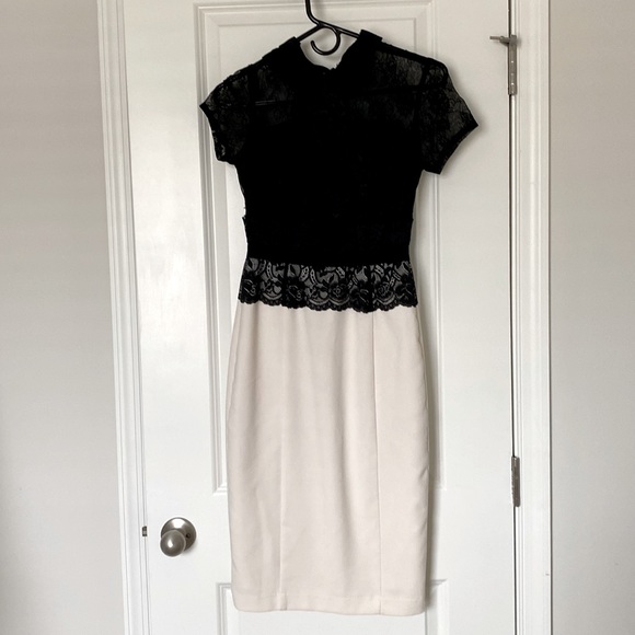New York and Company Black and Cream dress with sheer lace top and slit - Picture 1 of 1